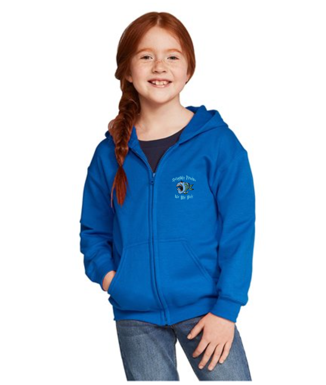 Springlake Piranhas Kids Blue Zip Hoodie - Gildan Youth Heavy Blend Full-Zip Hooded Sweatshirt