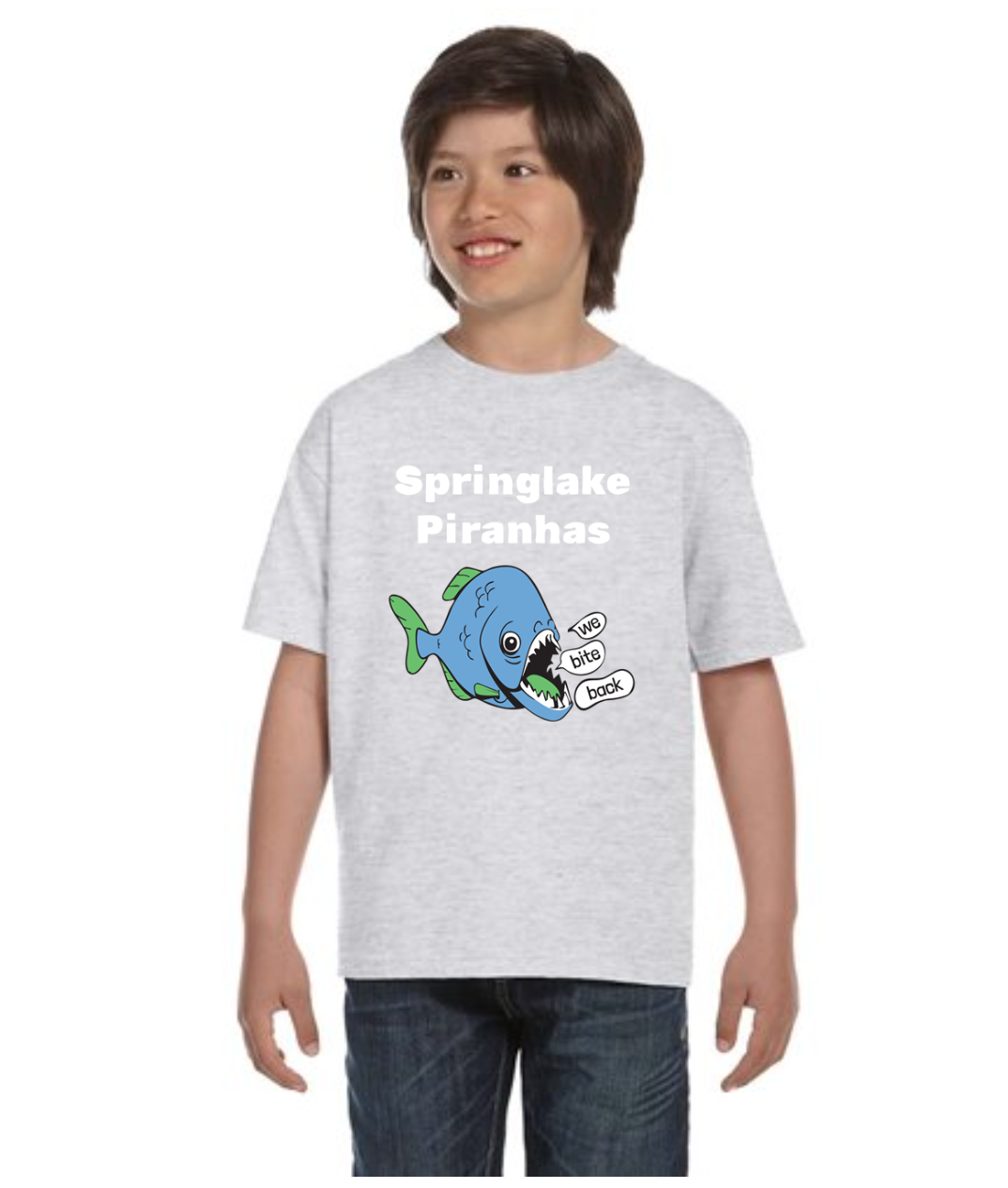 Springlake Piranha Big Piranha Kids Grey Tee - Gildan Youth 50/50 T-Shirt
