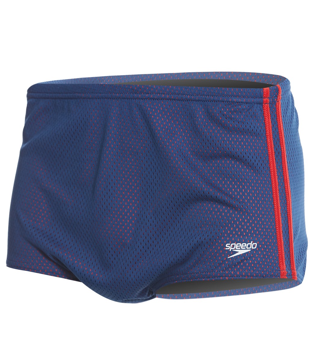 Speedo Solid Poly Mesh Square Leg Swimsuit - Navy/Red 26 Polyester - Swimoutlet.com