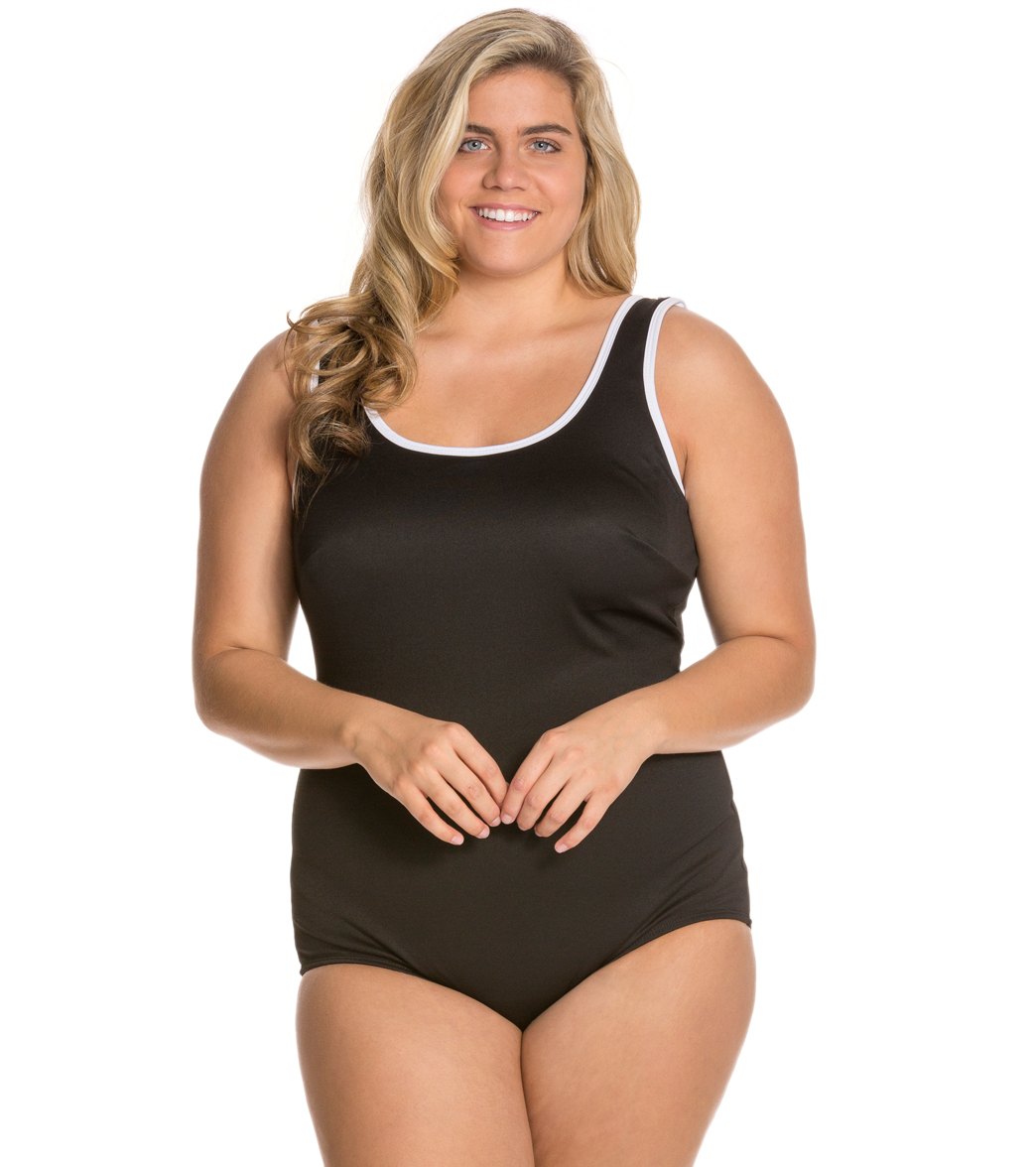 Tuffy Plus Size Chlorine Resistant Polyester Active Tank One Piece Swimsuit - Black 24W - Swimoutlet.com