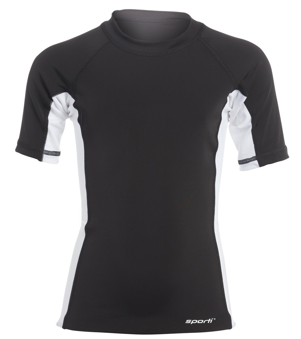 Sporti Youth Men's Short Sleeve Shirt Upf 50+ Sport Fit Rash Guard - Black/White 16 Nylon/Spandex - Swimoutlet.com