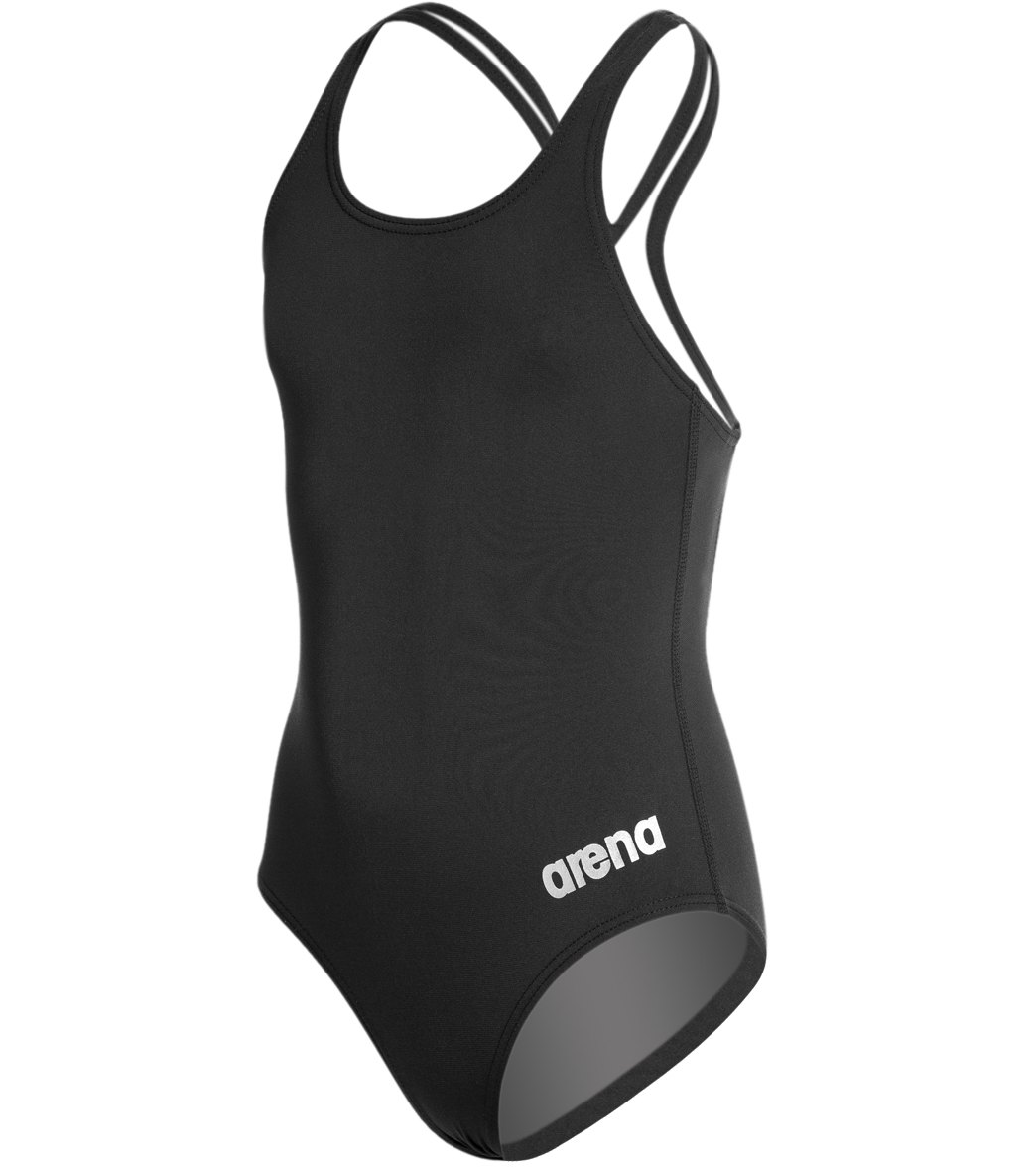 Arena Girls' Madison Athletic Thick Strap Racer Back One Piece Swimsuit - Black/Metallic Silver 6Y/22 Polyester/Pbt - Swimoutlet.com