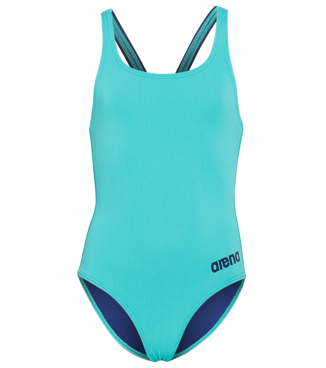 Arena Girls' Madison Athletic Thick Strap Racer Back One Piece Swimsuit - Mint/Navy 26 Polyester/Pbt - Swimoutlet.com