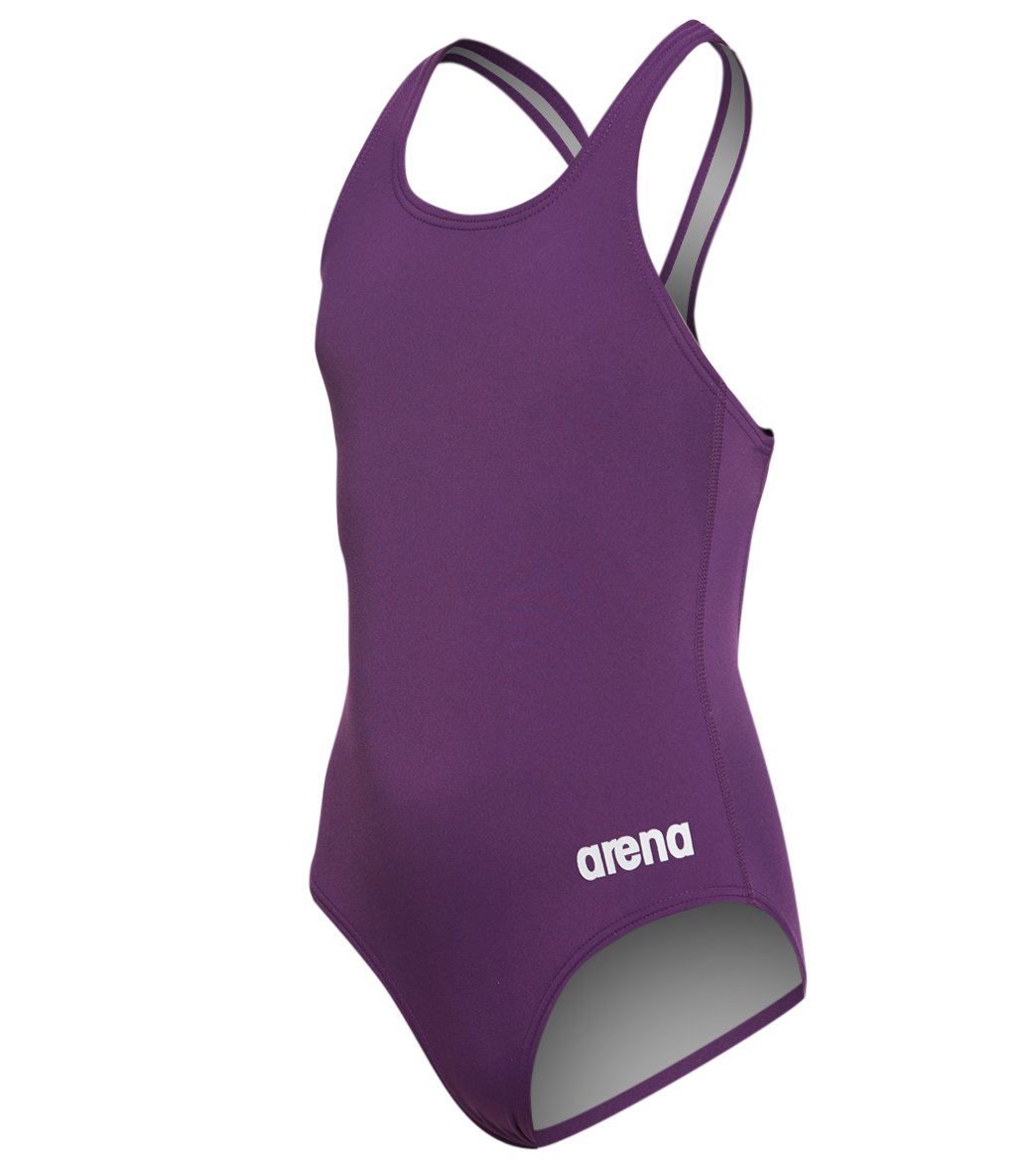 Arena Girls' Madison Athletic Thick Strap Racer Back One Piece Swimsuit - Plum/White 8Y/24 Polyester/Pbt - Swimoutlet.com