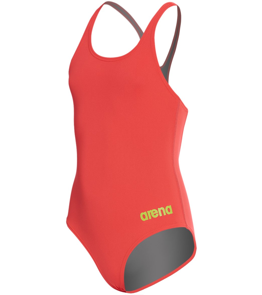Arena Girls' Madison Athletic Thick Strap Racer Back One Piece Swimsuit - Flou Red/Soft Green 26 Polyester/Pbt - Swimoutlet.com
