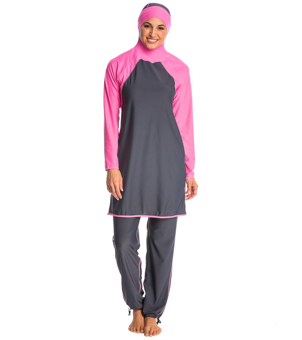 Alsharifa Laguna Modest Swimsuit - Gray/Pink Small - Swimoutlet.com