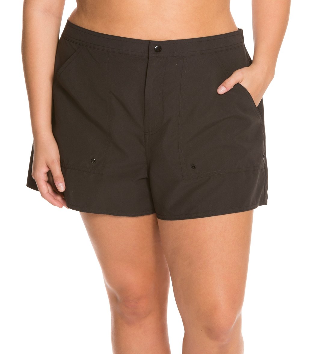 Maxine Plus Size Solids Woven Board Shorts - Black 22W Polyester - Swimoutlet.com