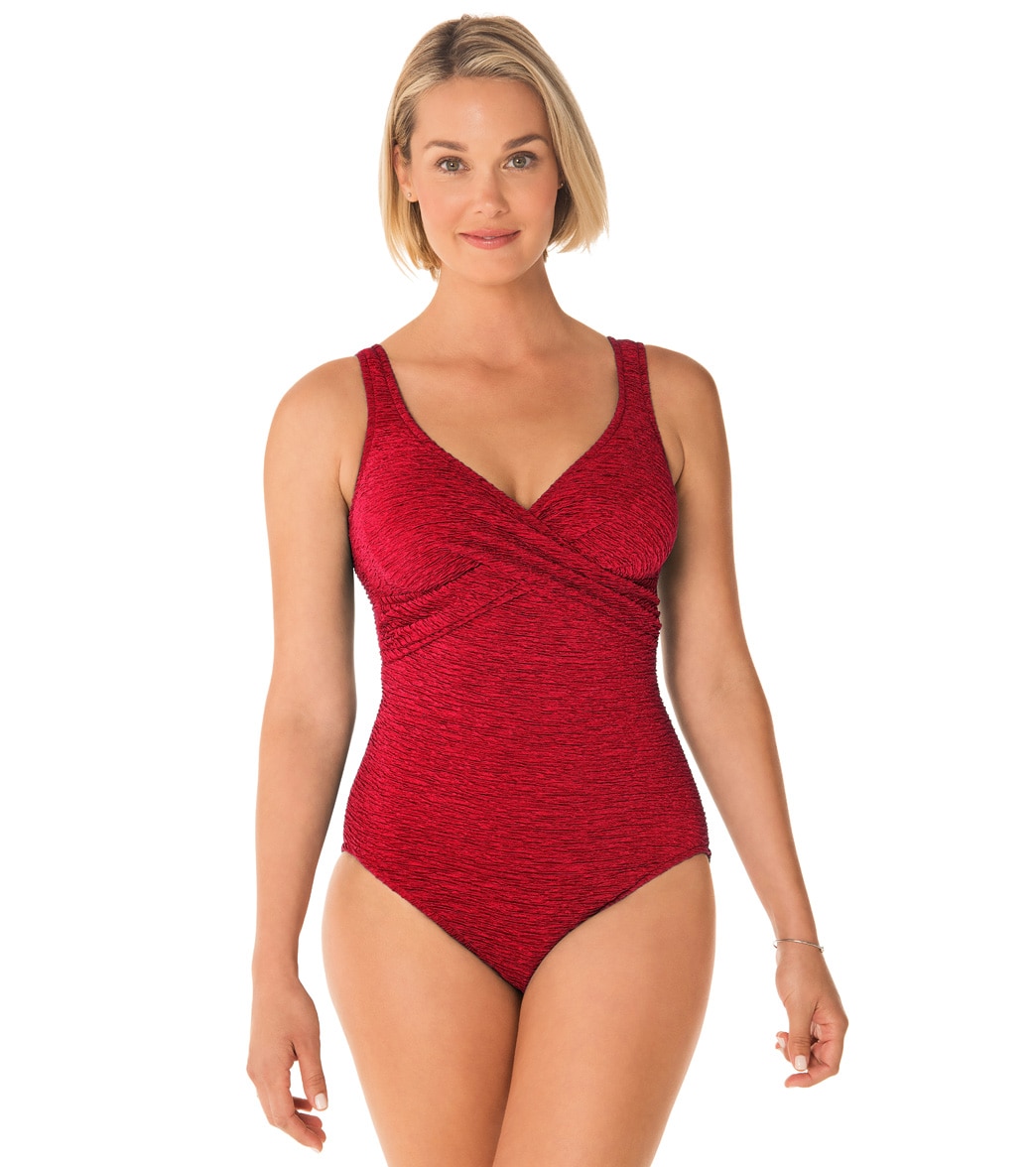 Penbrooke Krinkle Chlorine Resistant Cross Over One Piece Swimsuit - Red 16 Polyester - Swimoutlet.com