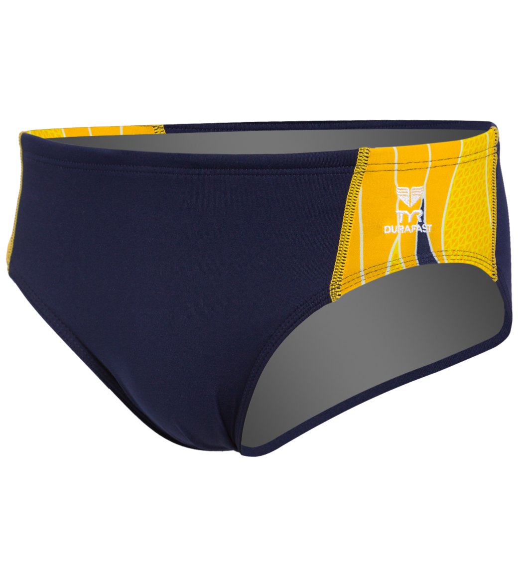 TYR Phoenix Splice Racer Brief Swimsuit - Navy/Gold 28 Polyester/Spandex - Swimoutlet.com