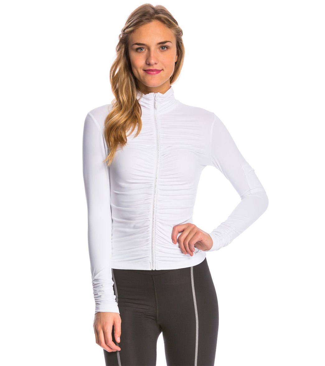 Alii Sport Women's Adriana Long Sleeve Jacket With Ruching - White/Rhinestone Zipper Xl Elastane/Polyamide - Swimoutlet.com