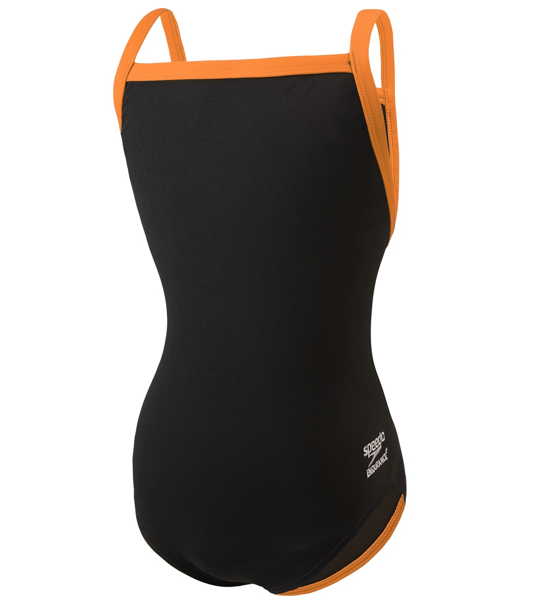 Speedo Girls' Solid Endurance + Flyback Training One Piece Swimsuit - Black/Orange 24 Polyester/Pbt - Swimoutlet.com