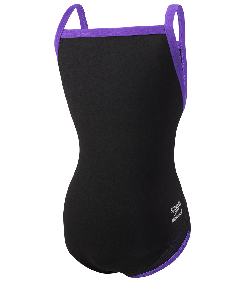 Speedo Girls' Solid Endurance + Flyback Training One Piece Swimsuit - Black/Purple 24 Polyester/Pbt - Swimoutlet.com