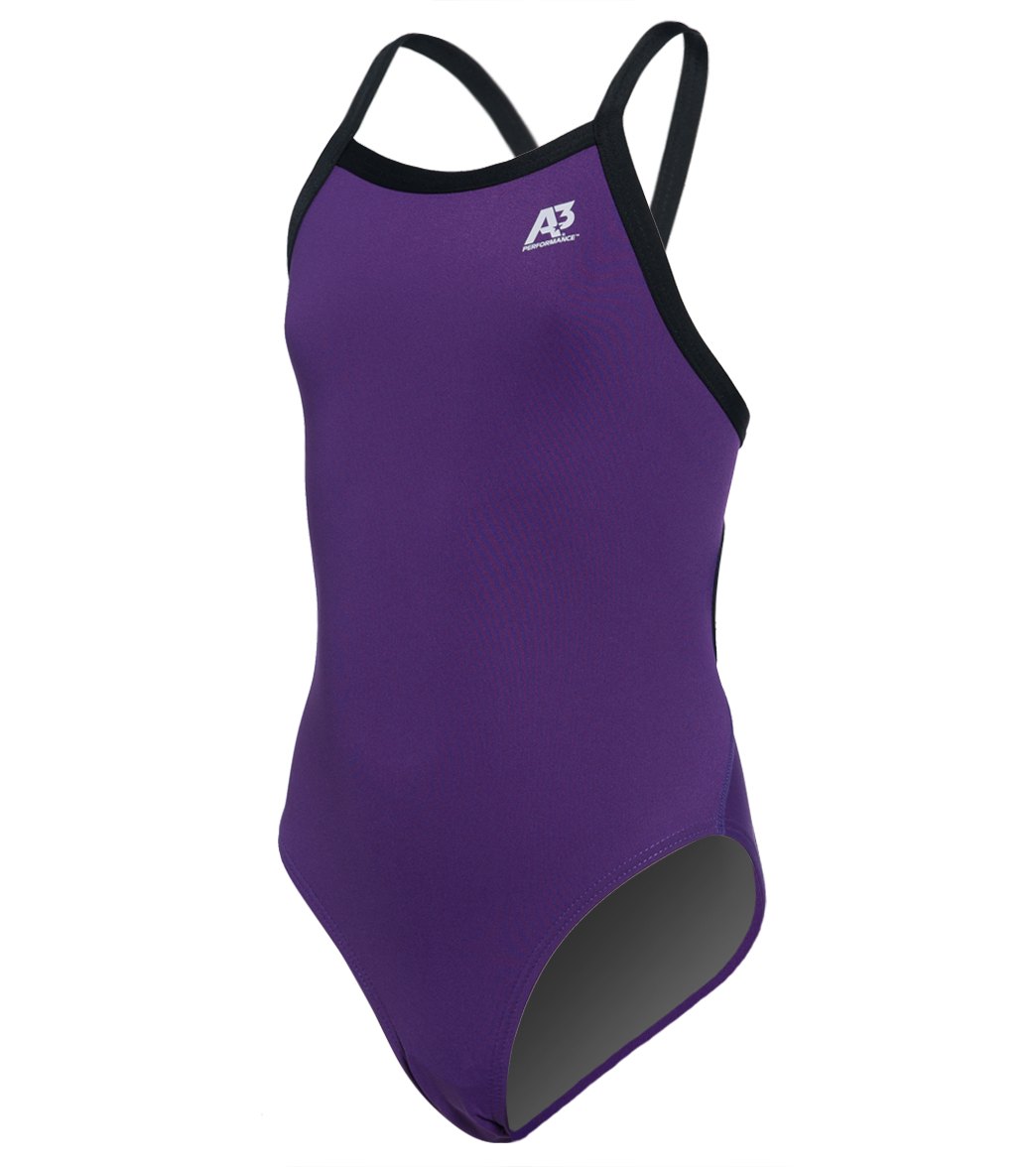 A3 Performance Female Youth X-Back Poly Swimsuit W/ Contrast Trim - Purple/Black 22 Polyester/Pbt - Swimoutlet.com