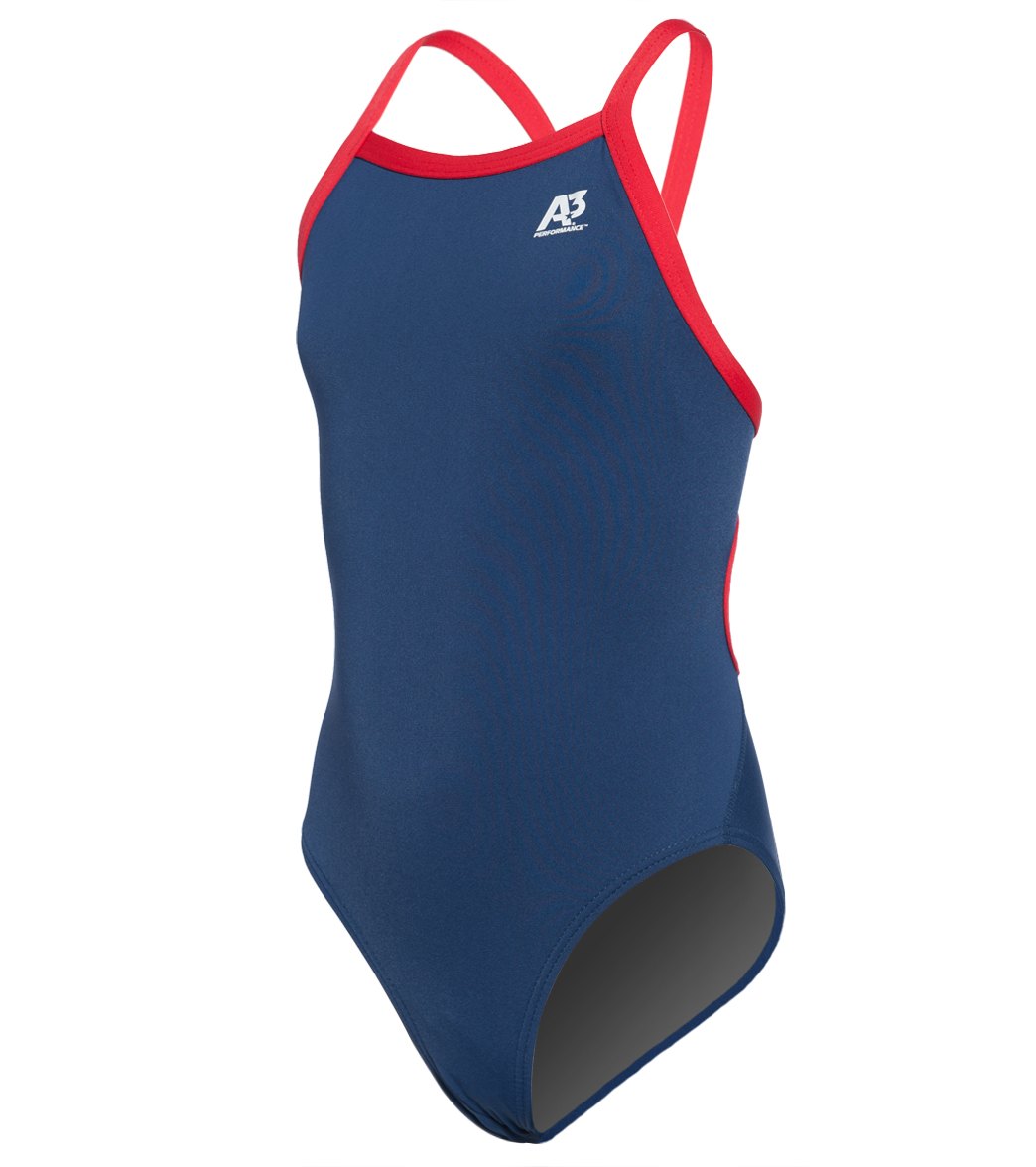 A3 Performance Female Youth X-Back Poly Swimsuit W/ Contrast Trim - Navy/Red 22 Polyester/Pbt - Swimoutlet.com