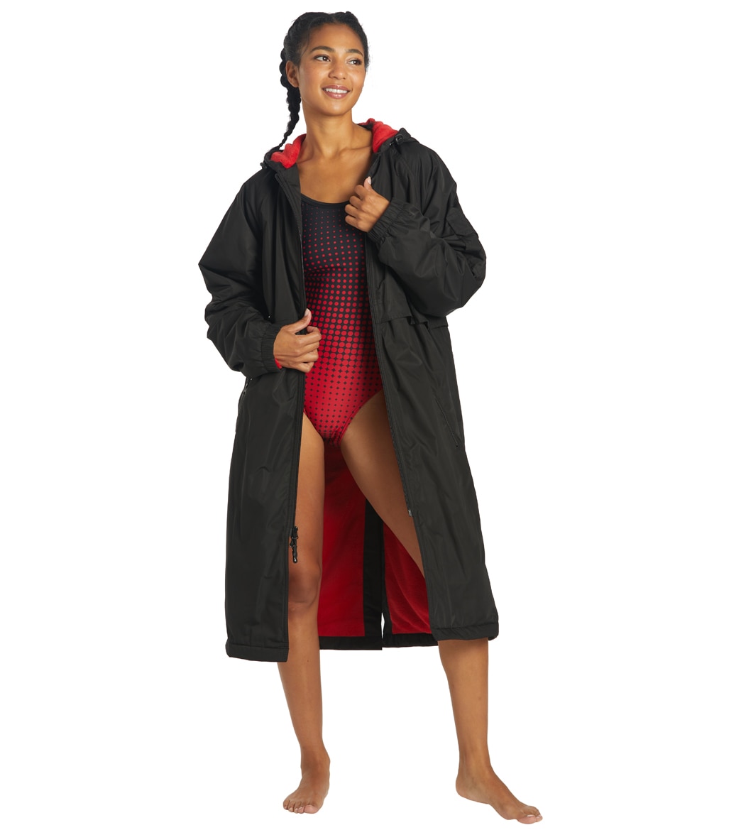 Sporti Comfort Fleece-Lined Swim Parka - Black Shell/Red Lining X-Small Coat Polyester - Swimoutlet.com