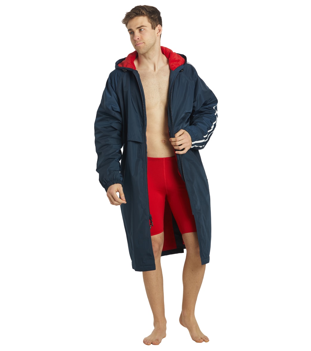 Sporti Striped Comfort Fleece-Lined Swim Parka - Navy Shell/Red Lining X-Small Coat Polyester - Swimoutlet.com