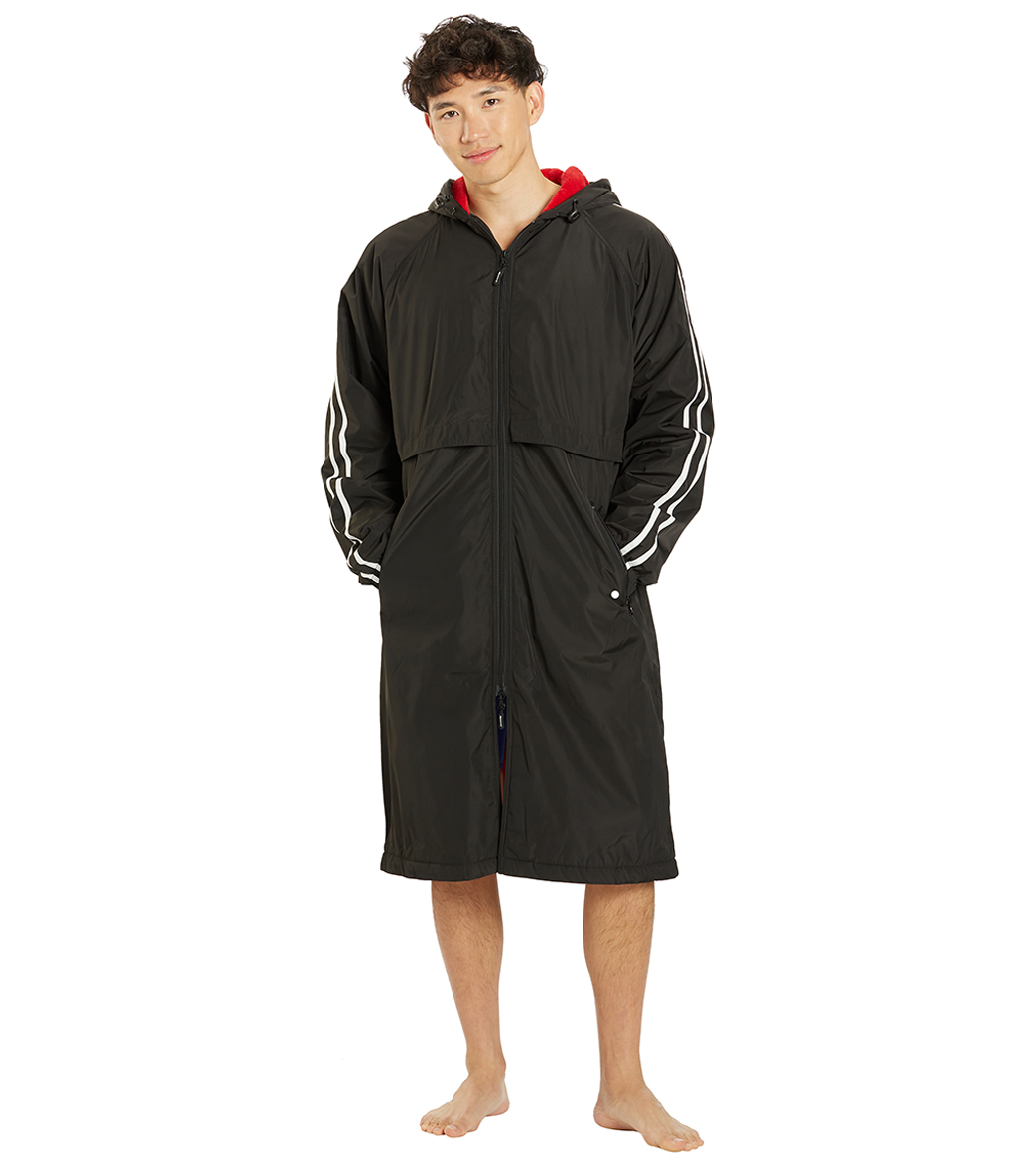 Sporti Striped Comfort Fleece-Lined Swim Parka - Black Shell/Red Lining Small Coat Polyester - Swimoutlet.com
