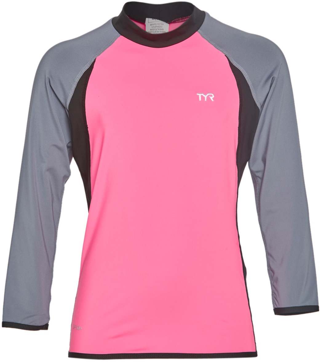TYR Girls' Upf 50+ Long Sleeve Solid Rashguard - Pink/Grey Small 6/6X - Swimoutlet.com