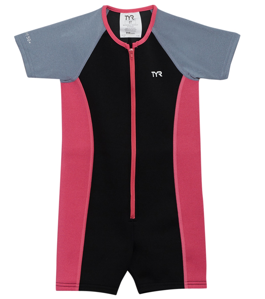 TYR Girls' Upf 50+ Short Sleeve Solid Thermal Suit Toddler/Little/Big Kid - Black/Grey/Pink 4T - Swimoutlet.com