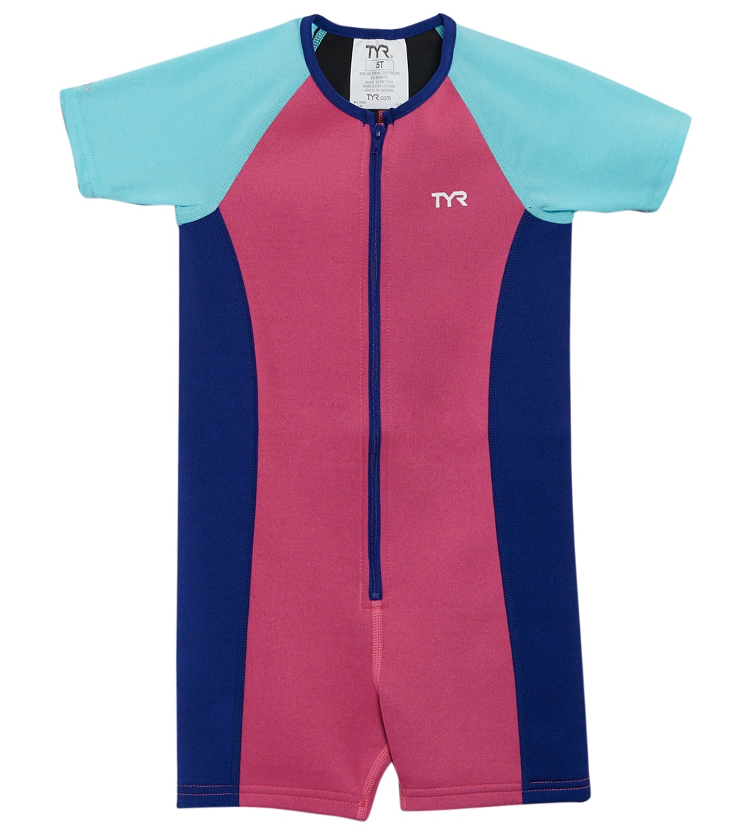 TYR Girls' Upf 50+ Short Sleeve Solid Thermal Suit Toddler/Little/Big Kid - Pink/Mint/Royal 4T - Swimoutlet.com