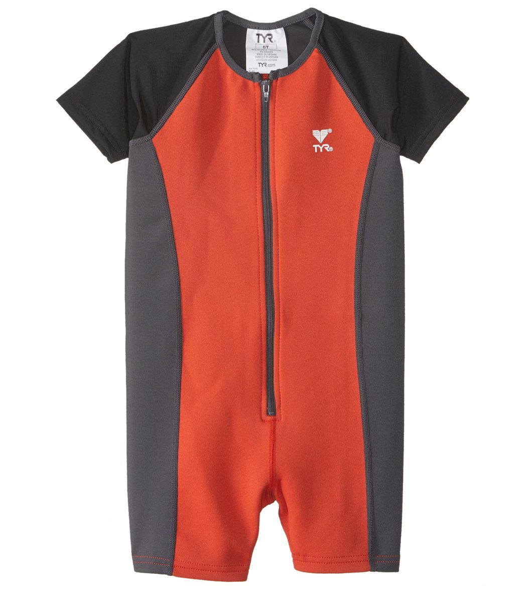 TYR Boys' Upf 50+ Short Sleeve Thermal Suit Toddler - Black/Burnt Orange 7/8 - Swimoutlet.com