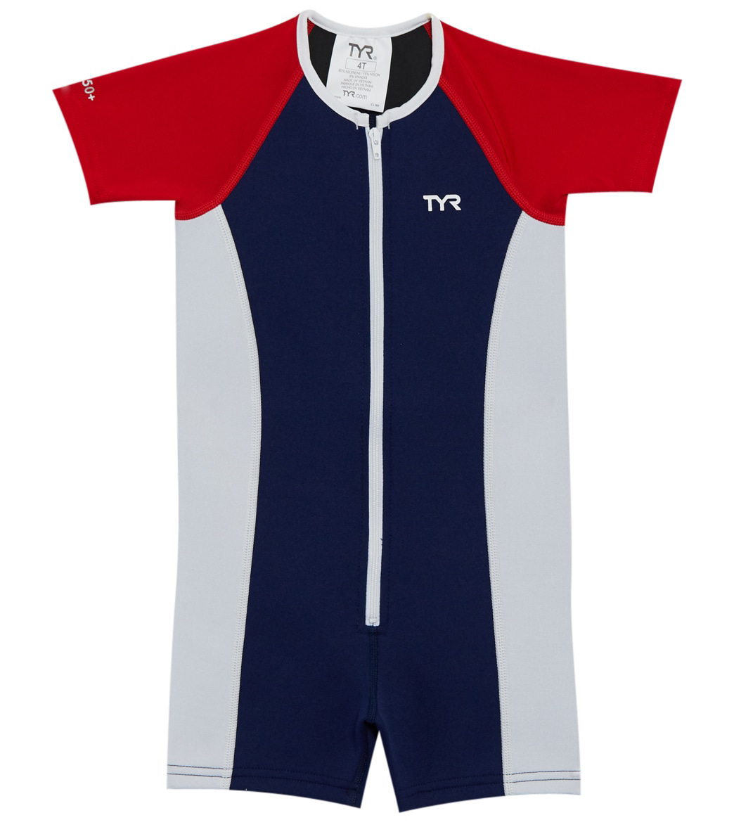 TYR Boys' Upf 50+ Short Sleeve Thermal Suit Toddler - Navy/Red/White 4T - Swimoutlet.com