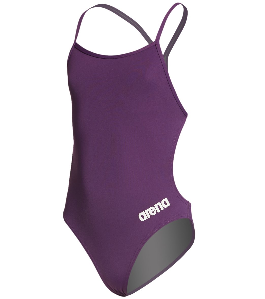 Arena Girl's Mast Maxlife Thin Strap Open Racer Back One Piece Swimsuit - Plum/White 22 Polyester - Swimoutlet.com
