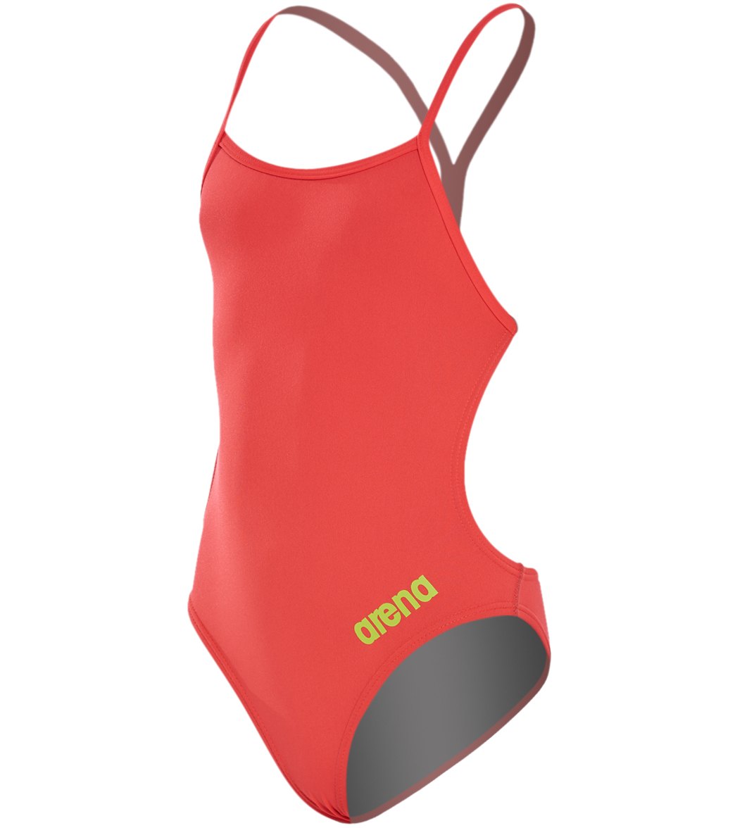 Arena Girl's Mast Maxlife Thin Strap Open Racer Back One Piece Swimsuit - Flou Red/Soft Green 22 Polyester - Swimoutlet.com