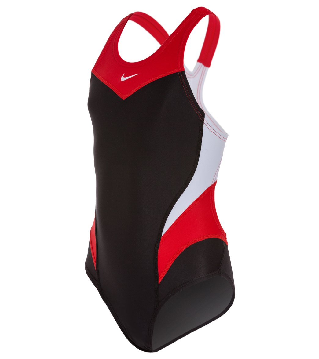 Nike Swim Girls' Victory Color Block Power Back Tank One Piece Swimsuit University Red Size 20 - Swimoutlet.com