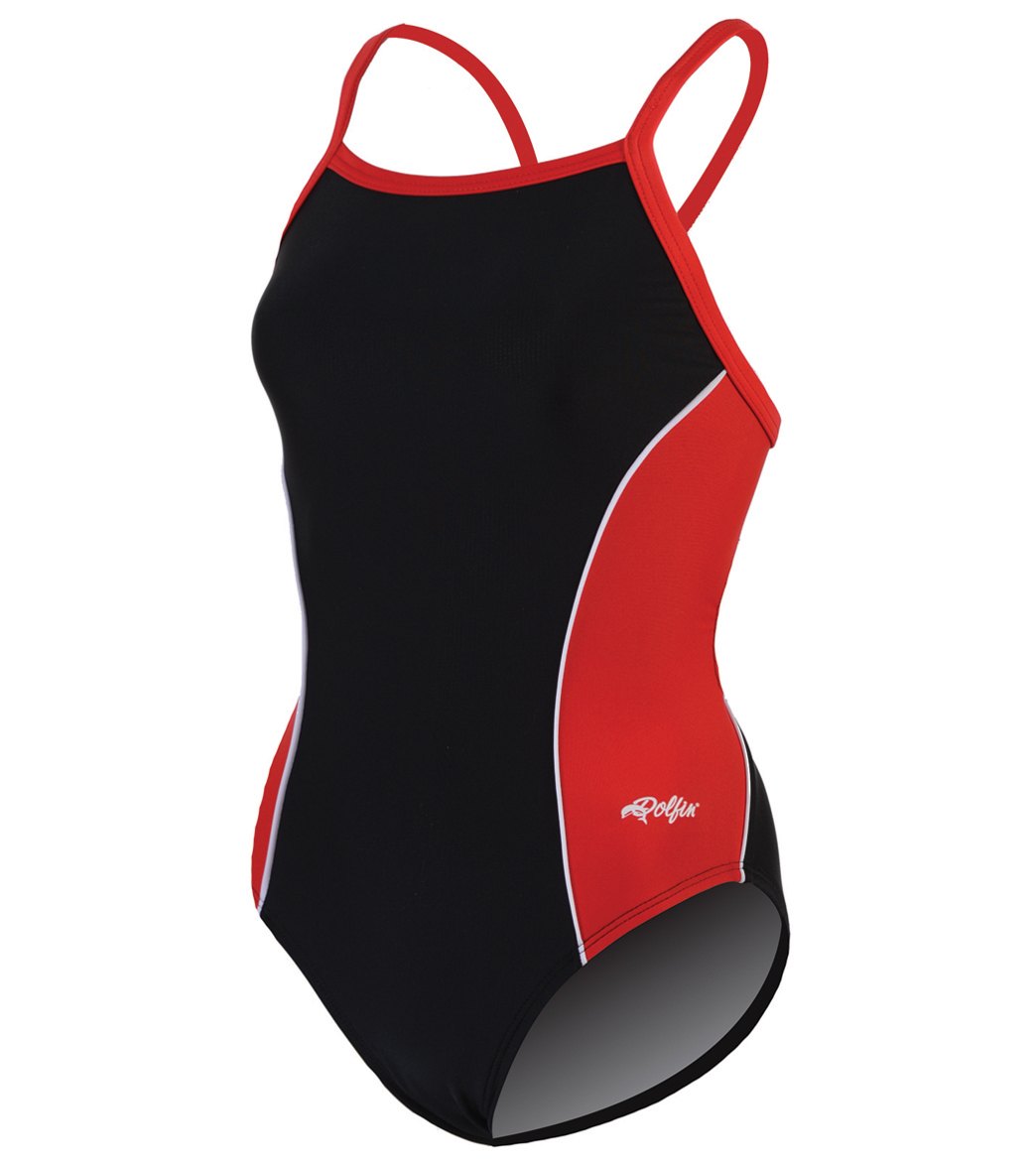 Dolfin Women's Team Color Block V-2 Back One Piece Swimsuit - Black/Red/White 28 Nylon/Xtra/Life/Lycra® - Swimoutlet.com