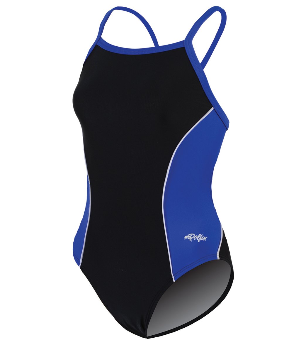 Dolfin Women's Team Color Block V-2 Back One Piece Swimsuit - Black/Royal/White 34 Nylon/Xtra/Life/Lycra® - Swimoutlet.com