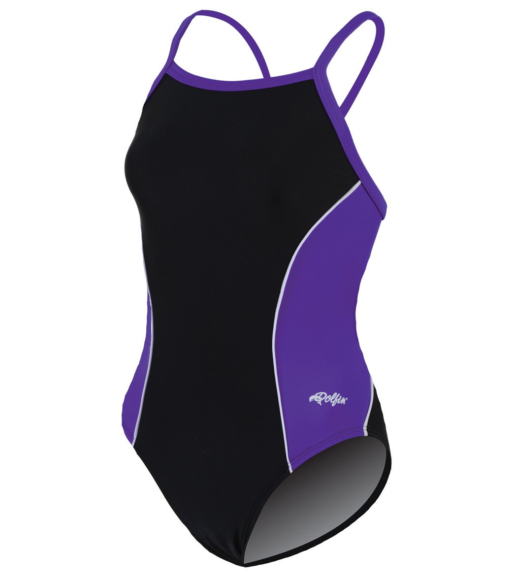 Dolfin Women's Team Color Block V-2 Back One Piece Swimsuit - Black/Purple/White 28 Nylon/Xtra/Life/Lycra® - Swimoutlet.com