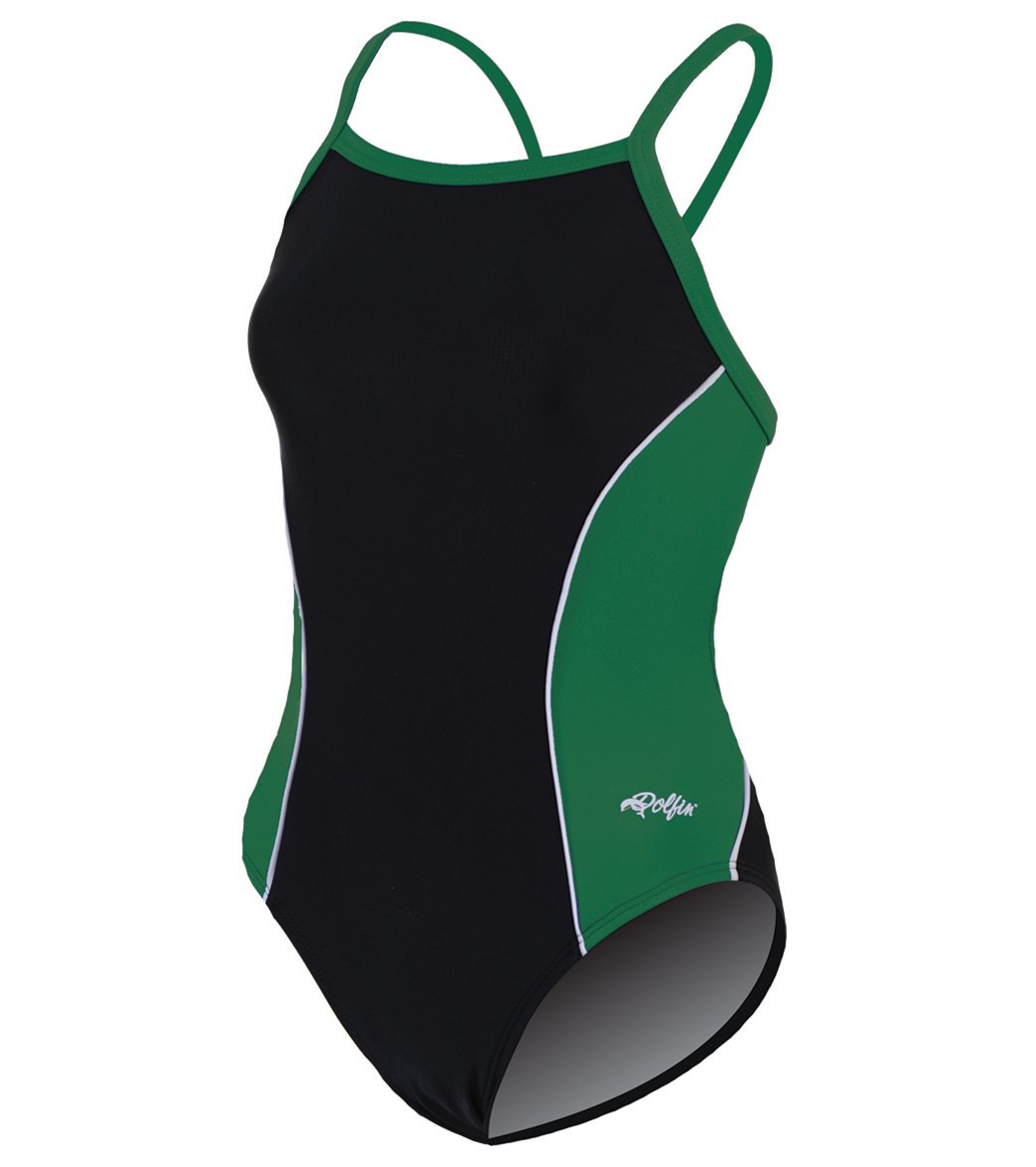 Dolfin Women's Team Color Block V-2 Back One Piece Swimsuit - Black/Green/White 32 Nylon/Xtra/Life/Lycra® - Swimoutlet.com