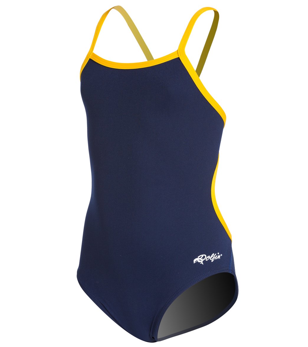 Dolfin Girls' All Poly Varsity Solid String Back One Piece Swimsuit - Navy/Gold 24 Polyester - Swimoutlet.com