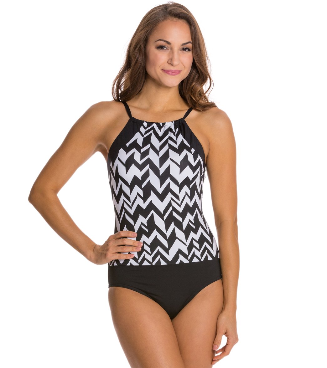 Jag Maldives Stripe Hi Neck One Piece Swimsuit at Free