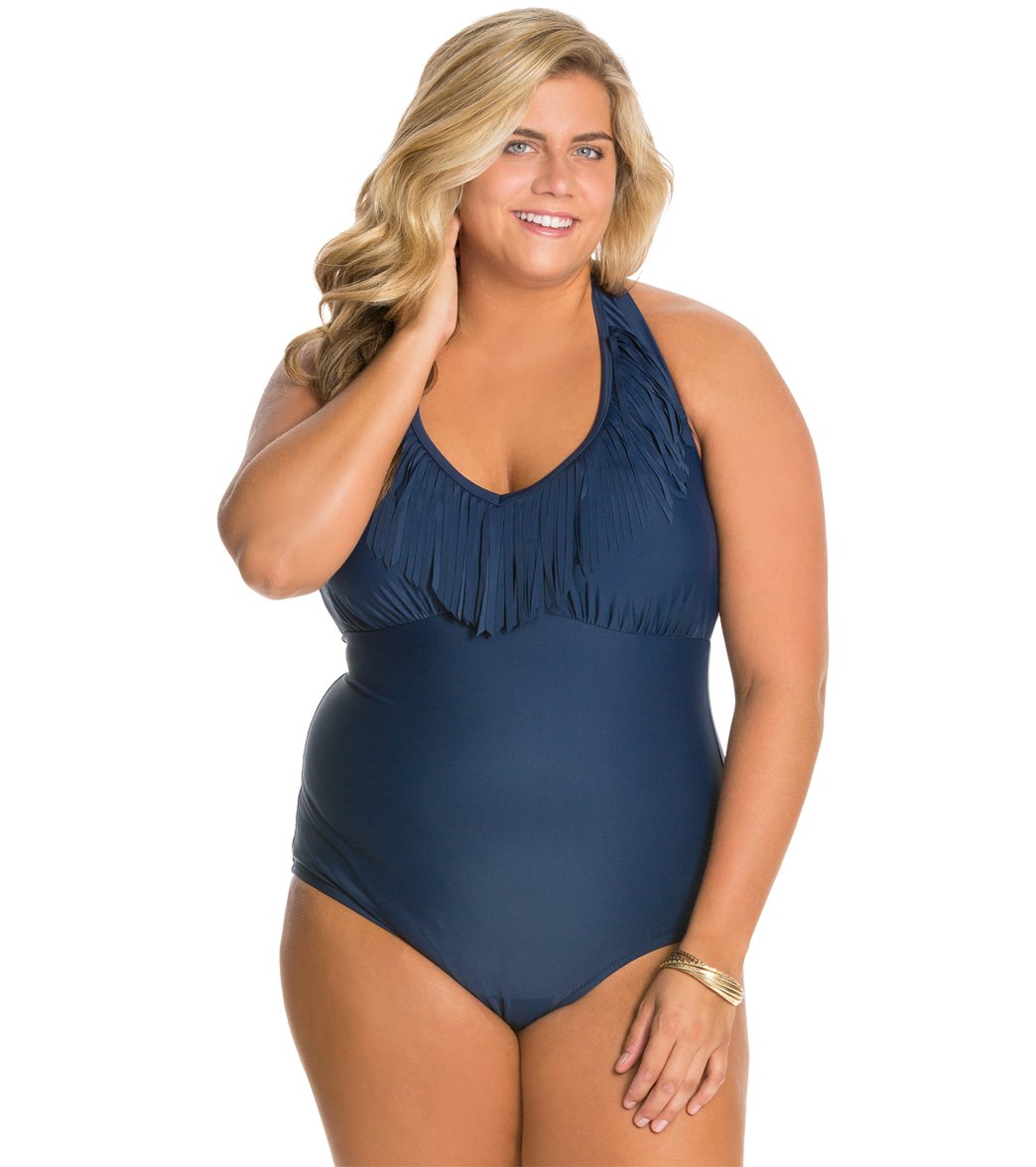 Jessica Simpson Plus Size Desert Fringe Halter One Piece Swimsuit At