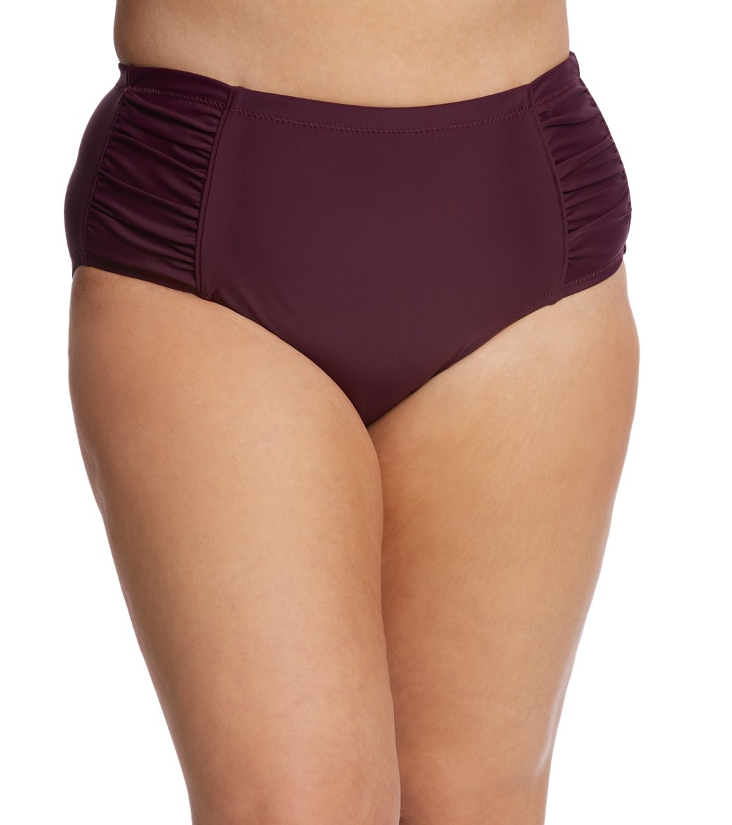 Jessica Simpson Plus Size Solid Shirred High Waist Bikini Bottom - Merlot 0X Nylon/Spandex - Swimoutlet.com
