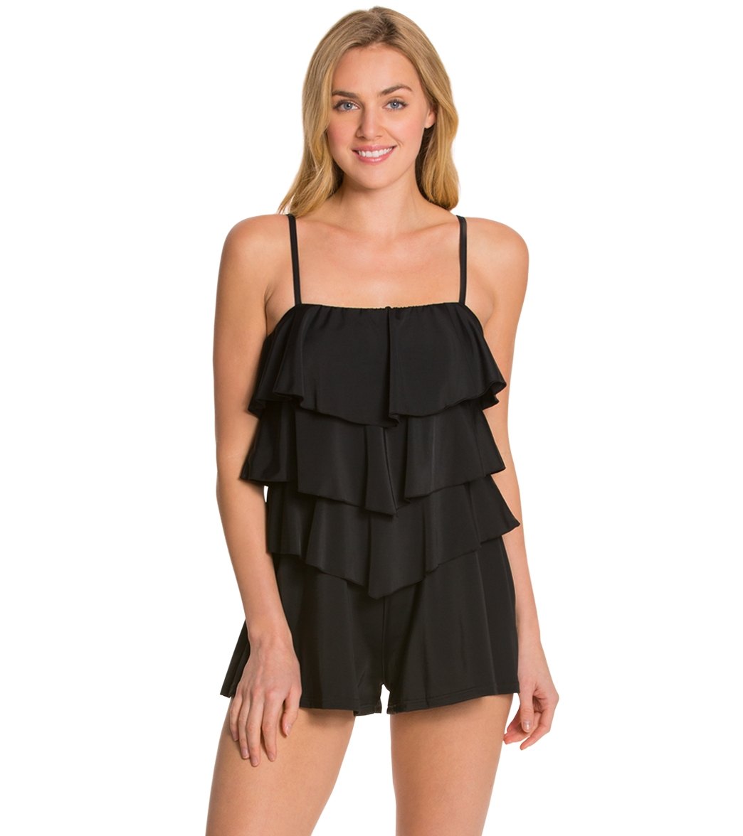 Fit4U Solid Three Tiered Bandeau Swim Romper at Free