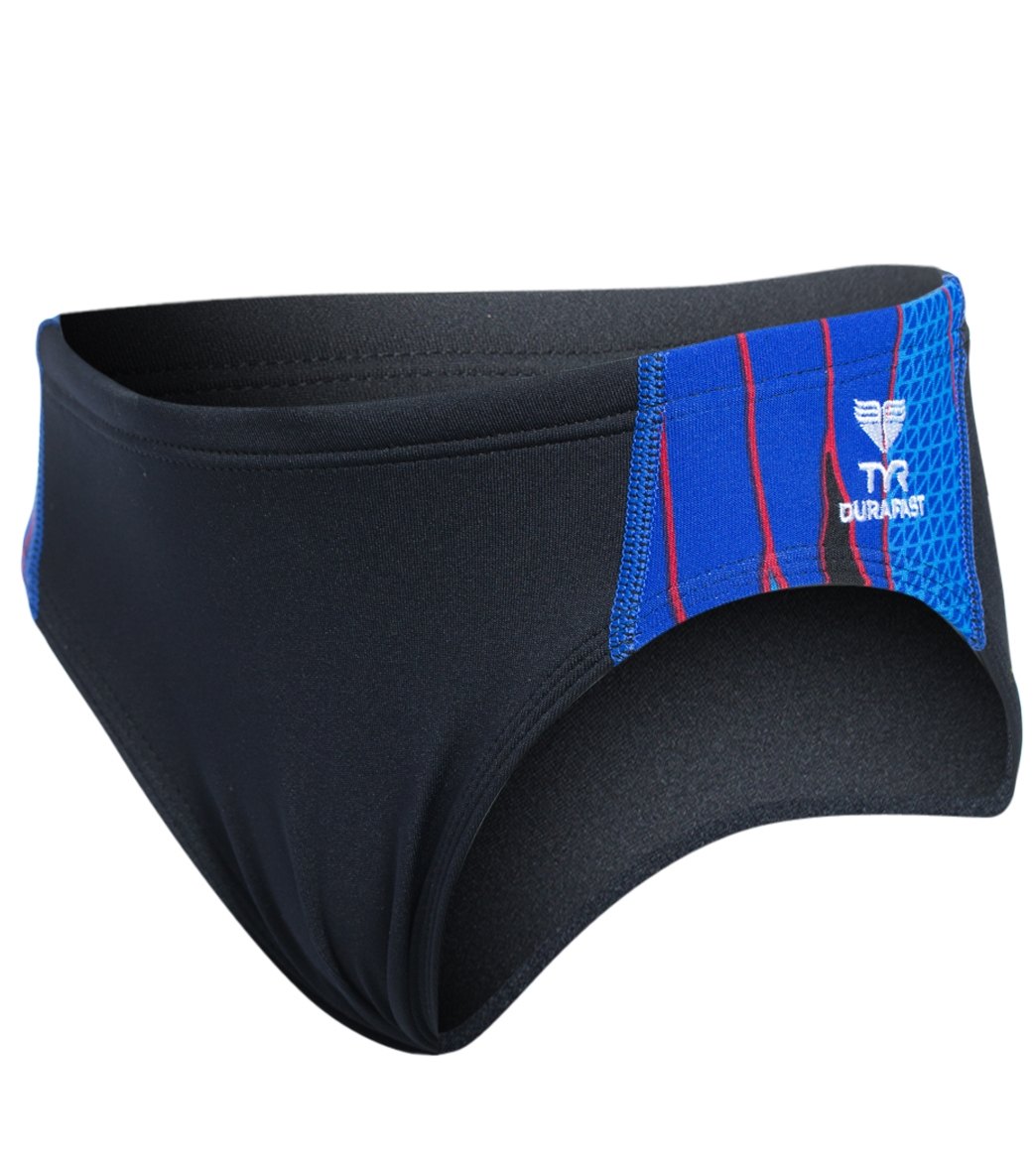 Usa Swimming TYR Phoenix Splice Youth Racer Brief Swimsuit - Black/Blue/Red 24 Polyester/Spandex - Swimoutlet.com