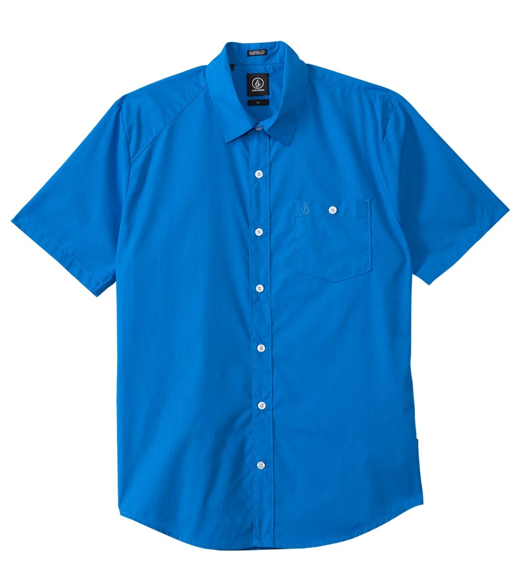Volcom Men's Everett Solid Short Sleeve Shirt - Bold Blue Small Cotton/Polyester - Swimoutlet.com