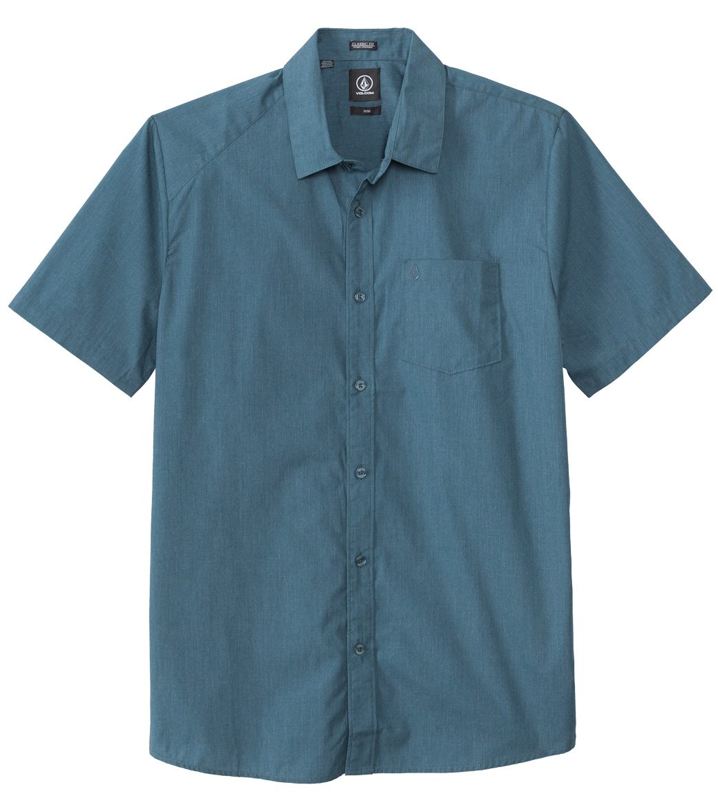 Volcom Men's Everett Solid Short Sleeve Shirt - Airforce Blue X-Small Cotton/Polyester - Swimoutlet.com