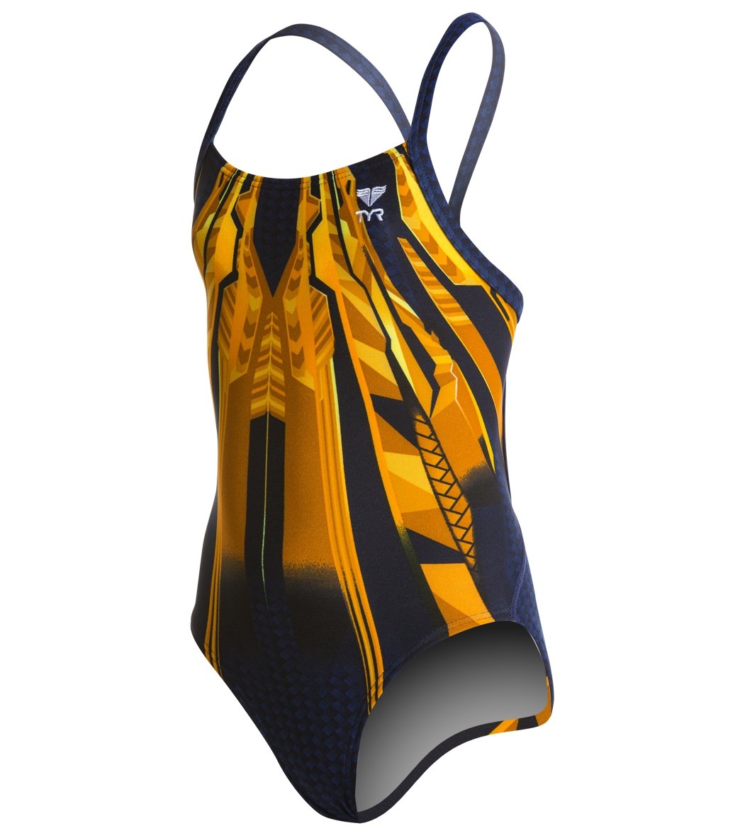 TYR Bravos Youth Diamondfit One Piece Swimsuit - Navy/Gold 22 Polyester/Spandex - Swimoutlet.com