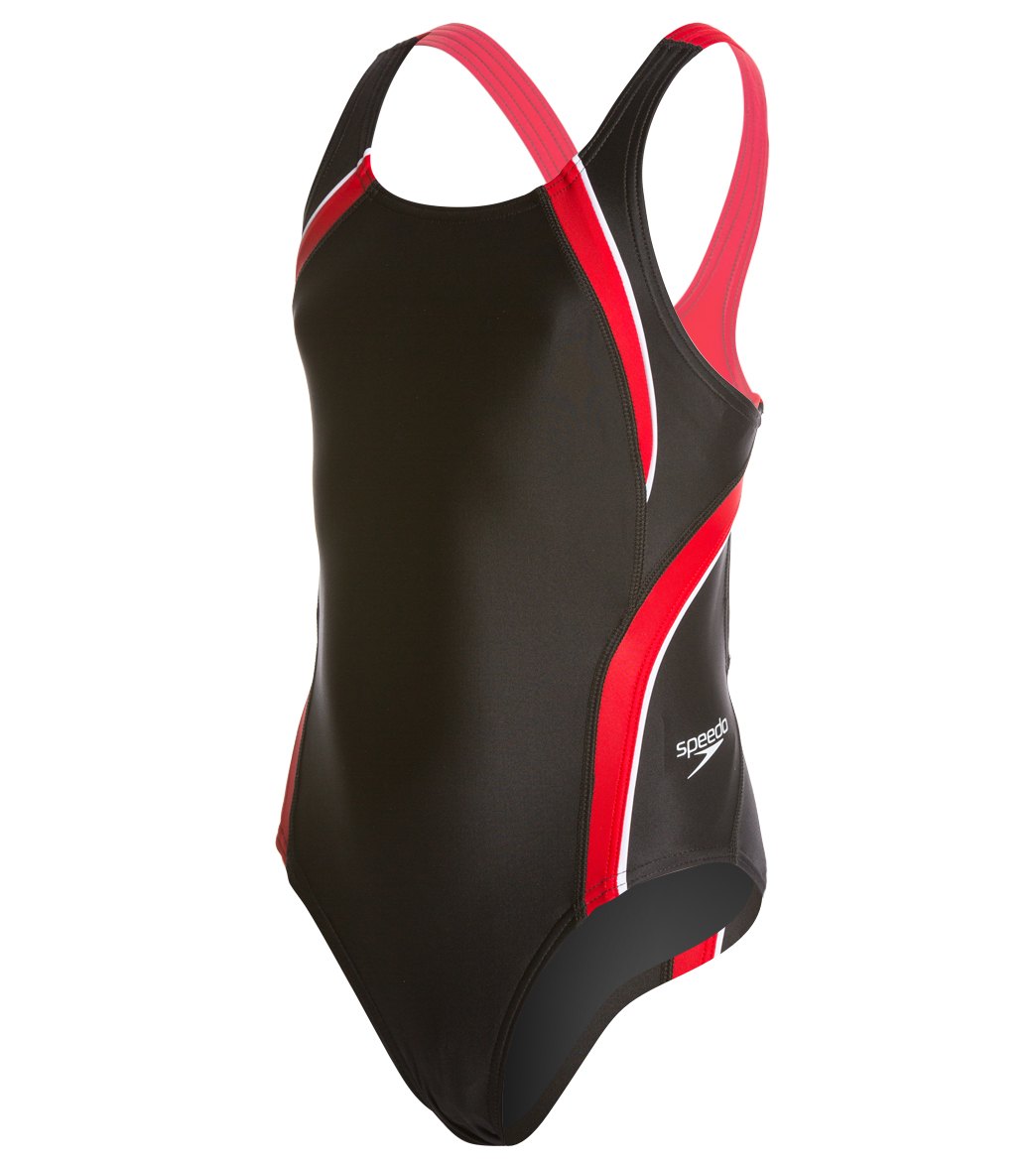 Speedo Powerflex Eco Taper Splice Pulse Back Youth Swimsuit - Black/Red 22 Nylon/Xtra/Life/Lycra® - Swimoutlet.com
