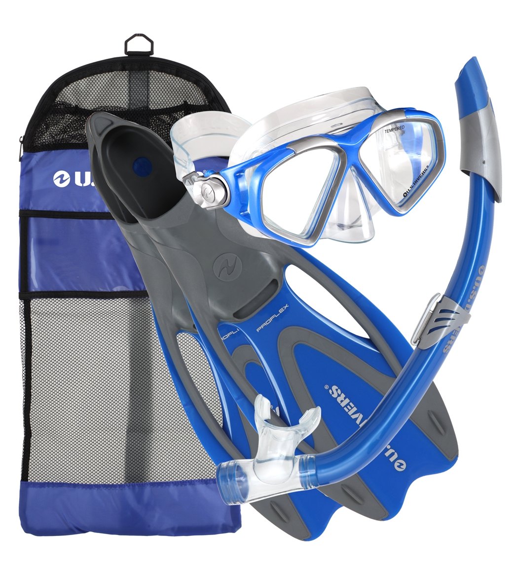 U.s. Divers Cozumel Mask / Seabreeze Snorkel Proflex Fins Gear Bag Set - Blue Medium/Large Plastic/Rubber/Silicone - Swimoutlet.com