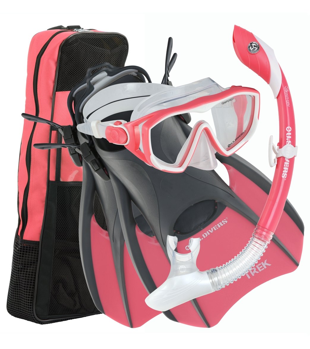 U.S. Divers women's diva lx mask island dry snorkel trek fins set with gear bag - bright pink/black medium 8-11 size medium plastic/rubber/silicone