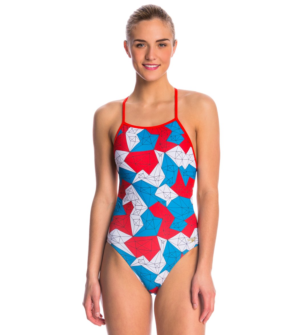 Speedo Gem Geo Printed One Back Piece Swimsuit - Blue/Red 40 - Swimoutlet.com