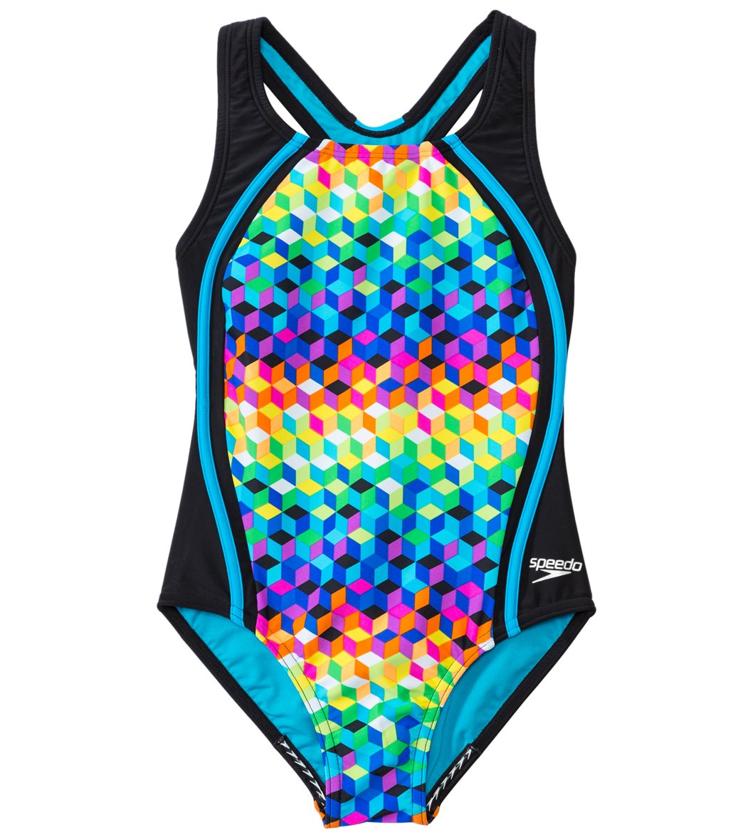 Speedo Girls' Illusion Cubes Sport Splice One Piece Swimsuit (7yrs ...