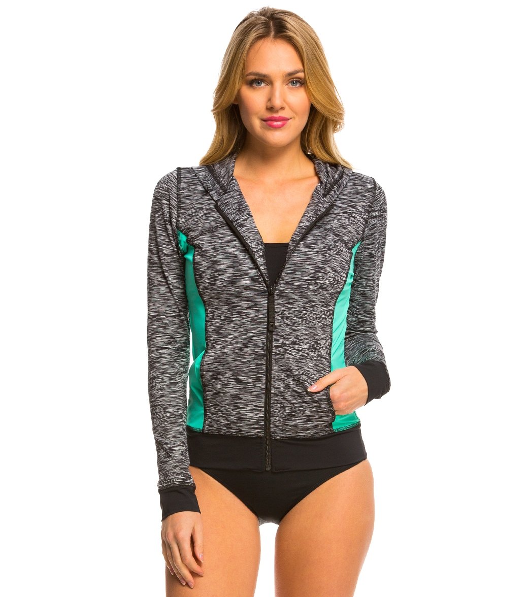 Anne Cole Women's Heather Colorblock Elastic Long Sleeve Shirt Hoodie Jacket - Multi Small - Swimoutlet.com