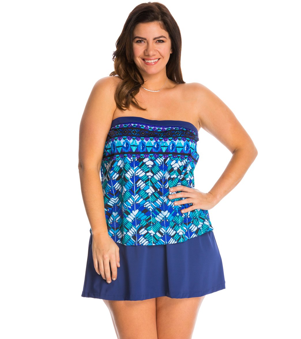 Maxine Plus Size Geo Days Bandeau Faux Skirtini One Piece Swimsuit at ...