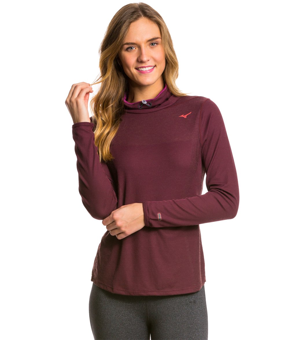 Mizuno Women's Breath Thermo Body Mapping Cowl Long Sleeve Shirt - Fig/Cayenne Xl - Swimoutlet.com